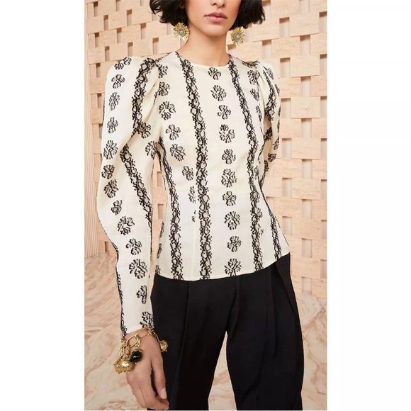 Ulla Johnson Layla Blouse Cream & Black Floral Long‎ Puff Sleeve Silk Top Sz 12 - Picture 1 of 14